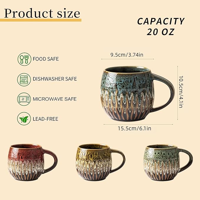 20oz Large Coffee Mug - Unique Handcrafted Look Ceramic Cup, Large Tea Mug, Microwave & Dishwasher Safe (blue,Set of 4)