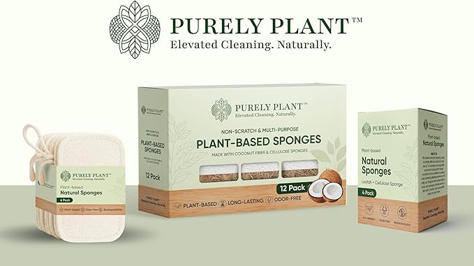 Purely Plant Loofah Dish Sponge 4 Pack– Loofah & Cellulose Premium Kitchen Scrubber, Non Toxic, 100% Plastic Free,Compostable & Biodegradable,Durable, Non-Scratch Scouring Luffa for Dishes, Sink&Tile