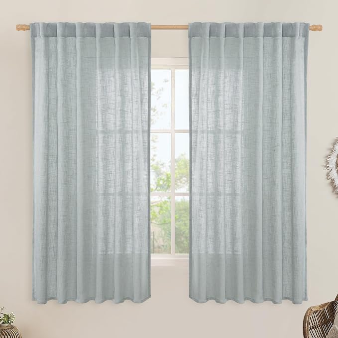 LAMIT Greyish Blue Semi Sheer Linen Curtains 60 Inch, Light Filtering Neutral Window Panels Farmhouse Boho Back Tab and Rod Pocket Drapes for Bedroom, 2 Panels, 52 x 60 Inch