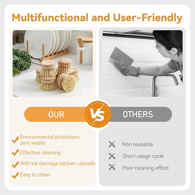 12pcs Dish Brush with Wooden Handle Natural Kitchen Brush Washing Scrubber Kitchen Dishwashing Washing Up Brushes Heads Bristle Brushes Refills for Sinks Cleaning Cast Iron Pots Pans Vegetables