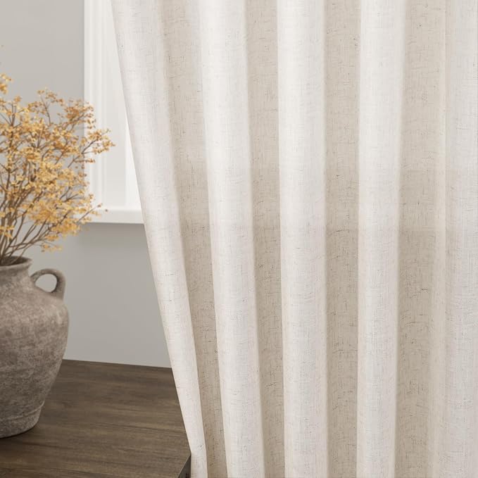 Beige Flax Linen Curtains 90 Inches Long for Bedroom 2 Panels Back Tab Loop Pocket Privacy Neutral Semi Sheer Curtains Country Rustic Farmhouse Light Filtering Drapes for Living Dining Room 40x90
