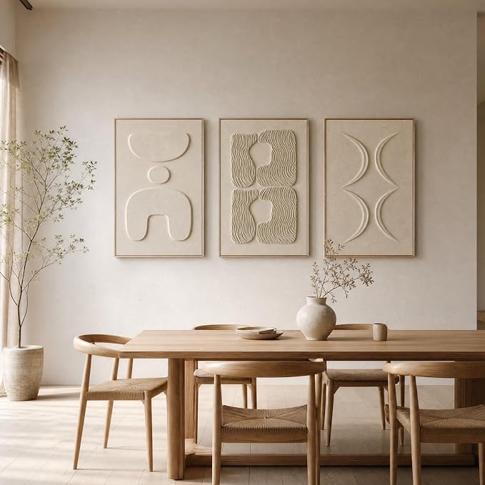 Thalasse Large 3-Piece 3D Textured Wall Art, Wabi Sabi Sandstone Relief Panels with Solid Wood Frame, 24x36 Inch Minimalist Wall Decor for Living Room, Hallway and Entryway