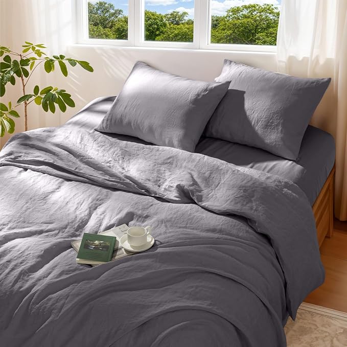100% Pure Linen Duvet Cover Set Queen Size 3 Pcs Natural Linen Bedding Zipper Closure Breathable Soft Comforter Cover Sets, Cozy for All Season (Queen, Dark Gray)
