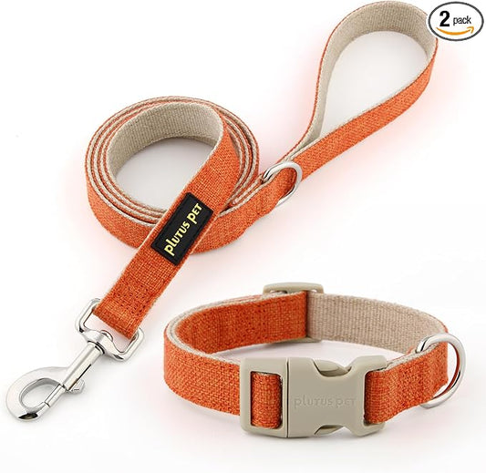 Plutus Pet Cotton Hemp Dog Collar and Leash Set, Adjustable Collar for Small, Medium, and Large Dogs, Heavy Duty and Soft on Skin, Orange, L