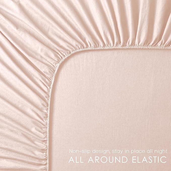 3Pcs Organic Linen Sheets Twin Size, 100% French Linen from Normandy, Breathable Pink Twin Sheet Set with 16 Inch Deep Pocket, 1 Flat Sheet, 1 Fitted Sheet, 1 Pillowcases