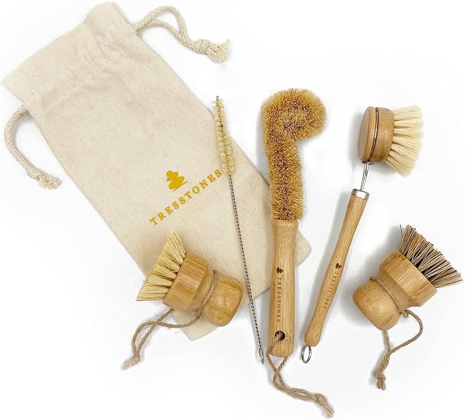 Natural Bamboo Dish Brush Set with Holder - Eco Friendly Wooden Dish Brush