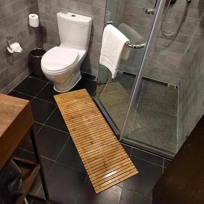 HJJKKH Bath Mat, Wooden Bathroom Mat Rayon Made from Bamboo 47.3"x15.7", Rollable Non-Slip Floor Mat, Wooden Shower Mat for Bathroom, Bathtub, Spa, Sauna, Hot Tub & Outdoor Use
