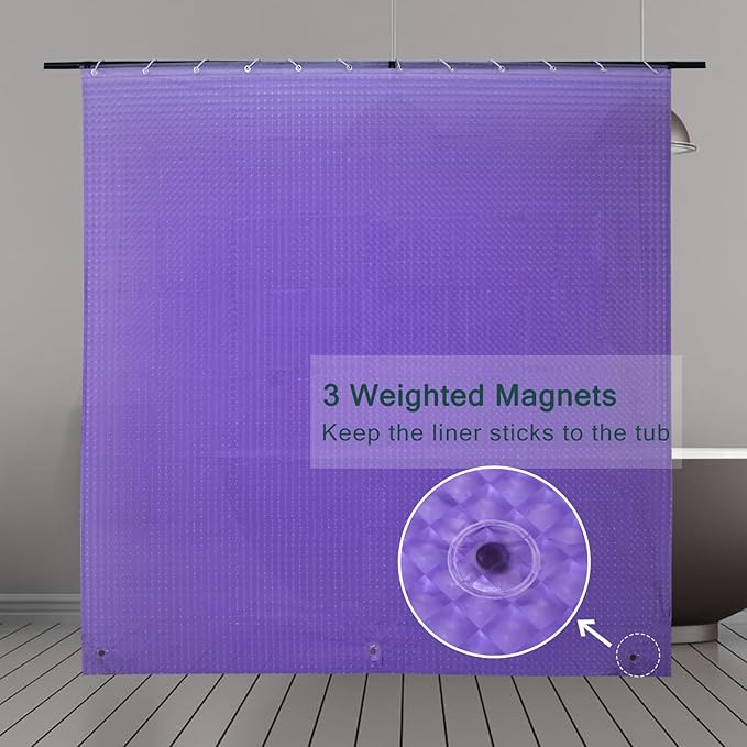 EVA Purple Shower Curtain Liner, 3D Plastic 5G Shower Liner with 12 Rustproof Metal Grommets and Weighted Magnets, Waterproof Duty for Bathroom 72 x 72