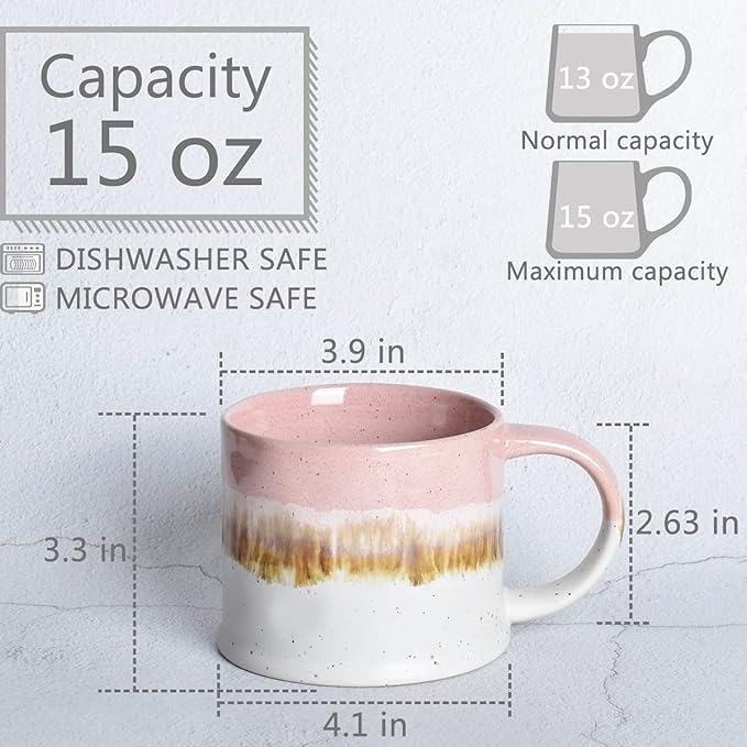 Bosmarlin Medium Ceramic Coffee Mug Set of 2, 15 Oz, Big Stoneware Tea Cup for Office and Home, Dishwasher and Microwave Safe (Pink, 2)