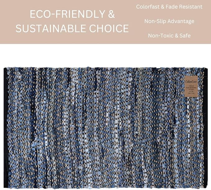 Hand Woven Area Rug Jute Denim 2x3 Feet - Rustic Farmhouse Bohemian Accent Rug for Living Room Bedroom Kitchen Entryway Floor Mats Anti Skid - Ideal for High Traffic Areas Rag Rug