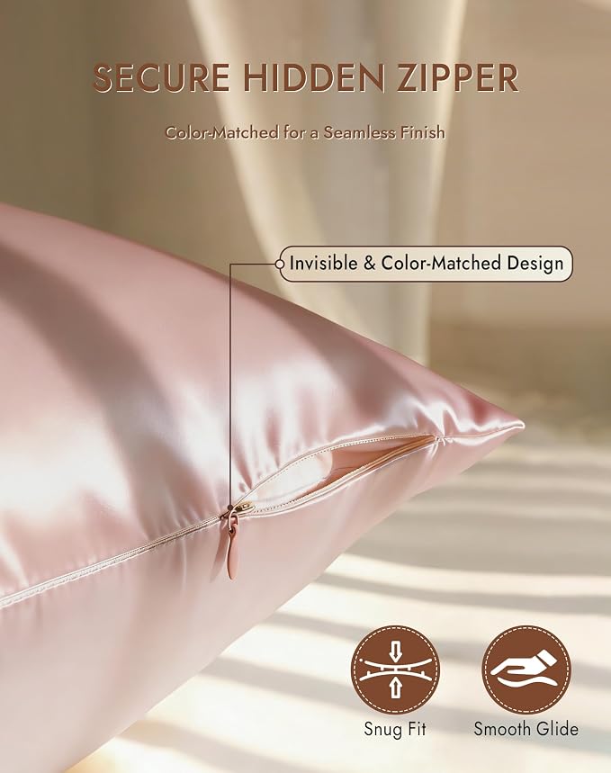 SilkSilky 100% Mulberry Silk Pillowcase - Pure 22 Momme High-Grade 6A Fibers for Hair & Skin, Hidden Zipper, Natural, Organic, Breathable & Cooling Pillow Case (Standard 20''x26'', Pink)