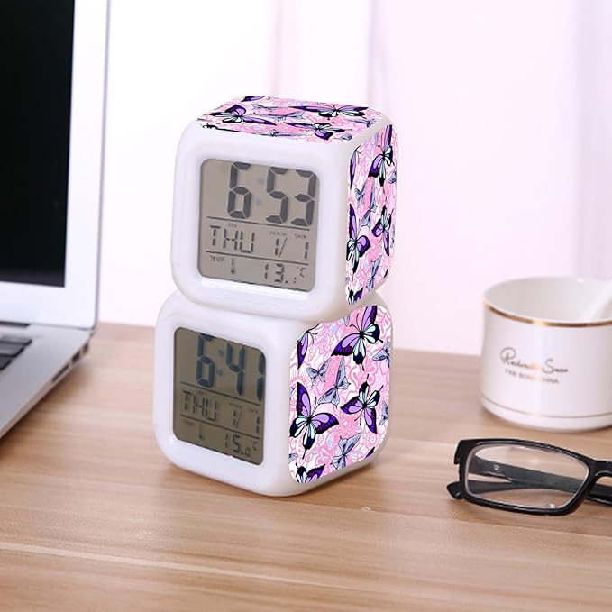 Digital Alarm Clock,Purple Butterflies with Pink Florals 7 Color Change LED Digital Alarm Clock with Date Thermometer for Toddlers,Girls and Boys