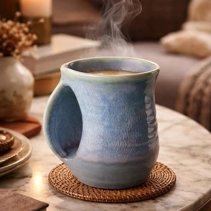 Hand Warmer Mug, Ceramic and Hand Painted - Contoured Pocket will Hold Warmth From The Heat Of Your Drink - Keep Your Fingers Warm, Comfy Handwarmer Gift, Winter Stocking Stuffer Gifts - Left Handed