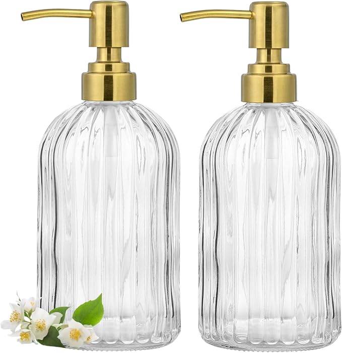 2 Pack Clear Glass Hand Soap Dispenser Set 18oz Bottle with Golden 304 Rustproof Stainless Steel Pump for Kitchen and Bathroom