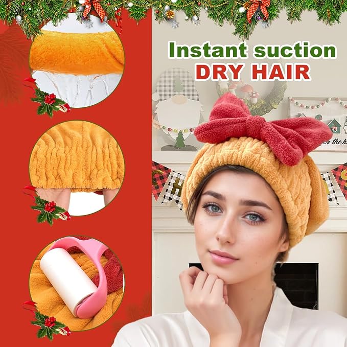 2PCS Microfiber Hair Drying Caps, Christmas Absorbent Hair Towel Wrap for Women Wet Hair Quick-Drying Hair Towels, Soft Bow Tie Wet Hair Towel Wrap for Party Favors Goody Bag Filler (Pink+Red)