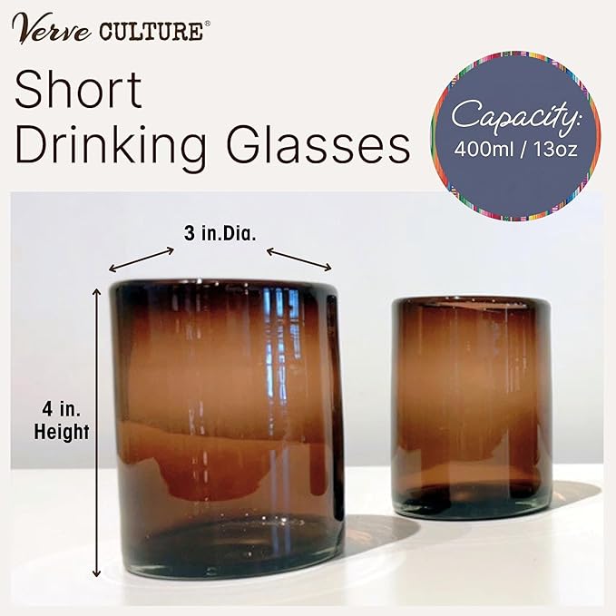 Verve CULTURE Mexican Hand Blown Drinking Glasses, Unique Handmade Glassware, Short Tamarind Glass Cups for Cocktails, Juice, Mixed Drinks, Elegant Tabletop Drinkware, Set of 4, 13oz. Each