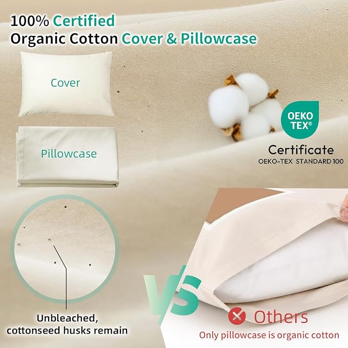 LOFE® Organic Buckwheat Pillow for Sleeping with Organic Cotton Pillowcase - 20''x26'' Adjustable Pillow, Breathable for Cool Sleep, Cervical Support for Back and Side Sleeper(Tartary Buckwheat Hulls)
