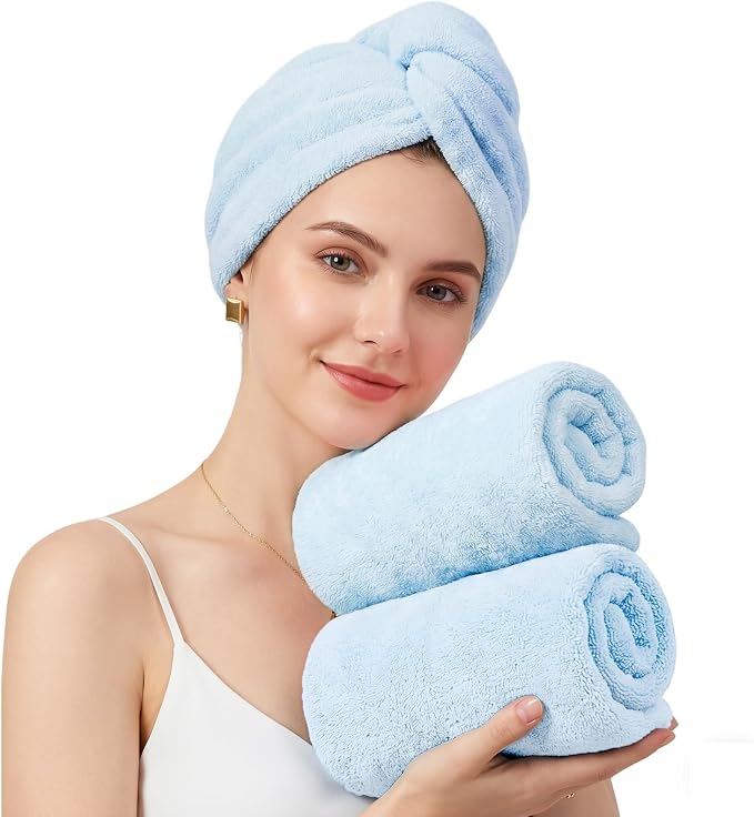 Mandydov 100% Cotton Hair Towel Wrap for Women, 2 Pack Thickened & Super Absorbent Turbans, Anti Frizz Quick Dry Hair Towels (Blue)