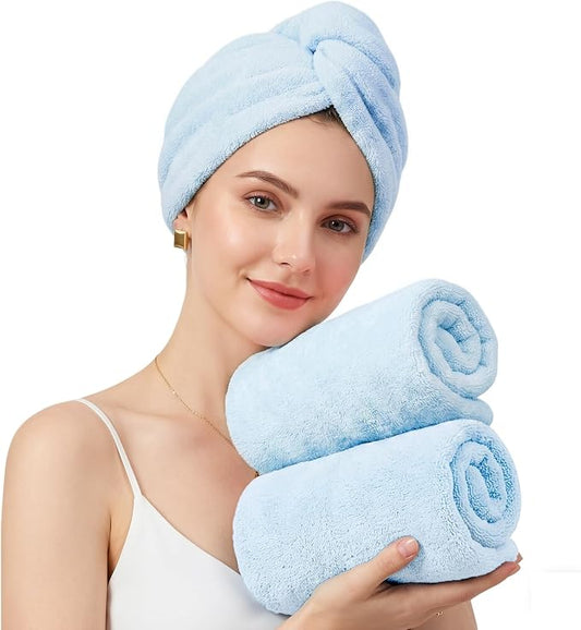Mandydov 100% Cotton Hair Towel Wrap for Women, 2 Pack Thickened & Super Absorbent Turbans, Anti Frizz Quick Dry Hair Towels (Blue)