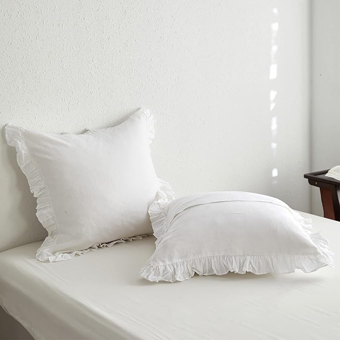 100% French Linen Euro Shams with Ruffles - Set of 2 - Washed Solid Color Natural Flax Soft Breathable Pillow Covers - White, 26'' x 26''