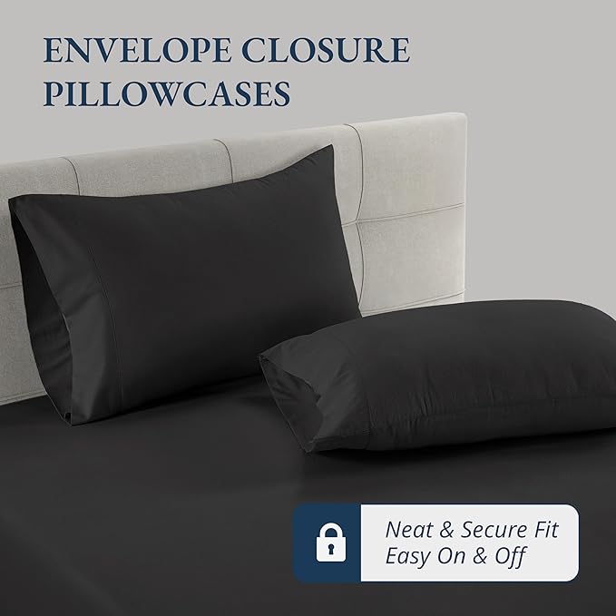 LANE LINEN Twin Fitted Sheets, 100% Organic Cotton 2-Piece Set (1 Fitted Sheet, 1 Pillowcase), Percale Weave, Bottom Sheet, Soft, Breathable, Fits Mattress Upto 15' Deep - Black (No Flat Sheet)