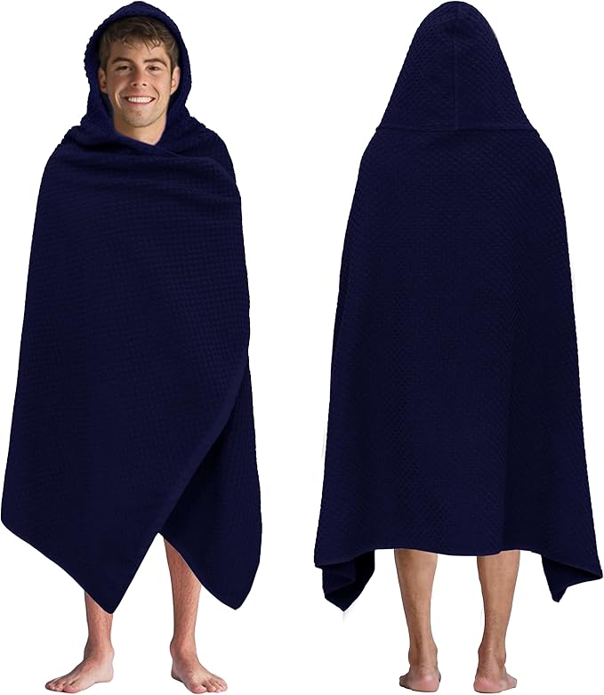 COTTON CRAFT Hooded Bath Towel – Oversized 35 x 70 Waffle Weave Towel with Hood for Adults - 100% Ringspun Cotton Pool Bath Sheet Wrap with Hood - Soft Super Absorbent Quick Dry – 450 GSM – Navy