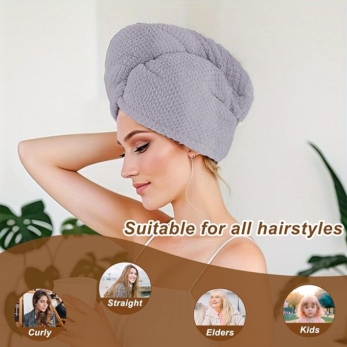 Microfiber Hair Towel Wrap, 3 Pack (Gray) Soft Hair Drying Towel,Shower Cap & Hair Accessories for Woman,Drying Hair Wrap Towels for Curly Hair Women Anti Frizz