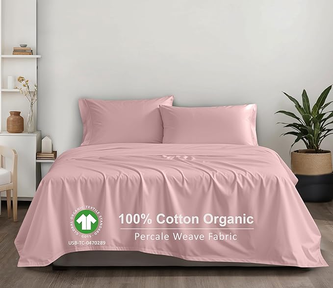 RUVANTI 100% Cotton Organic Percale Sheets Full Size – Crisp Cooling Bed Sheets for Hot Sleepers, Deep Pocket 15”, Soft Peach Finish, Breathable & Durable Hotel-Style 4 Pcs, Peach Skin