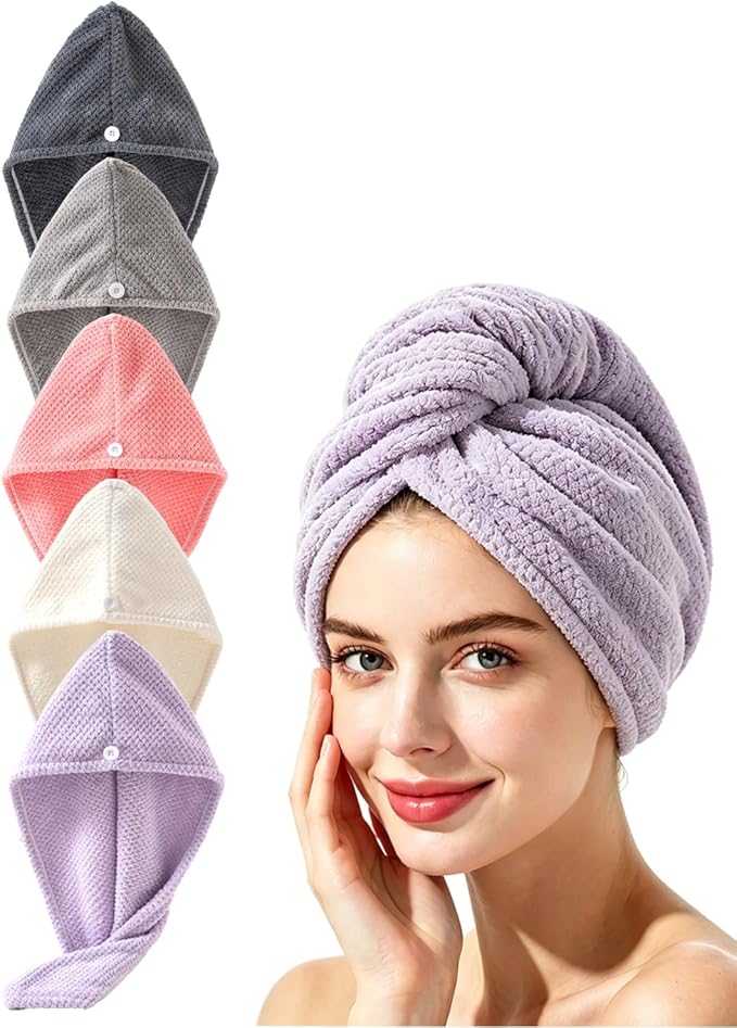 Lumimi Microfiber Hair Towel Wrap 4 Pack for Women Extra Absorbent Lightweight Turban with Button Bathroom Girl Friend Family Mom Gift(5 Colors C)