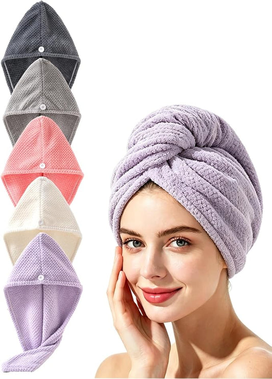 Lumimi Microfiber Hair Towel Wrap 4 Pack for Women Extra Absorbent Lightweight Turban with Button Bathroom Girl Friend Family Mom Gift(5 Colors C)