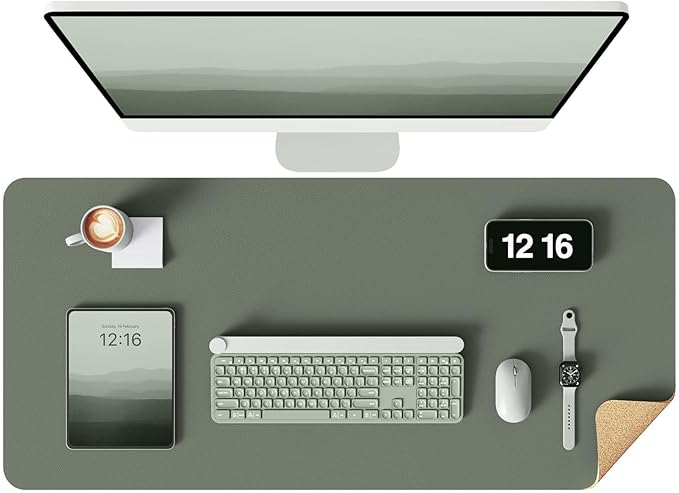 YSAGi Double-Sided Desk Pad, 35.4"x17"Leather Desk Mat, Eco Cork Desk Pad Protector,Large Mouse Pad,Waterproof Desk Blotter for Office/Home(Jungle Green)