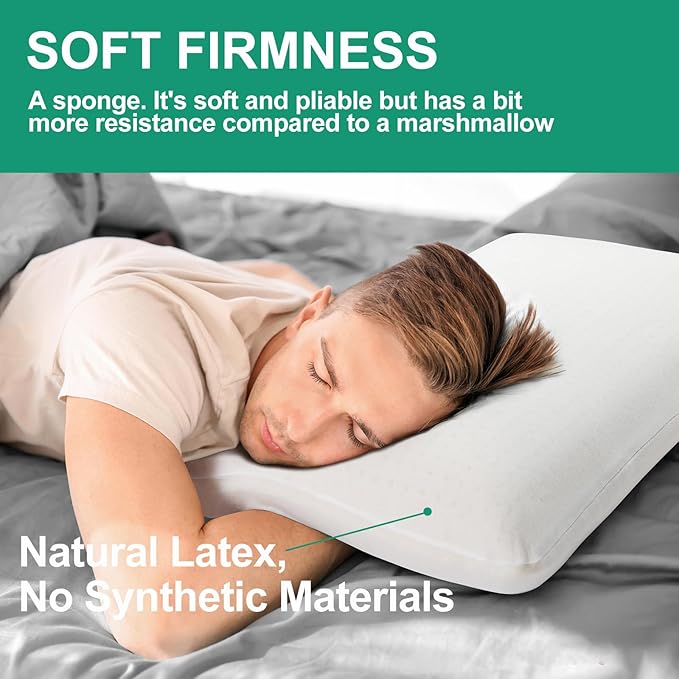 100% Natural Talalay Latex Pillow for Sleeping with Removable Cotton Cover, Premium Soft Bed Pillow Helps Relieve Pain and Pressure, Suitable for Side Back or Stomach Sleepers (Queen (Mid Loft))