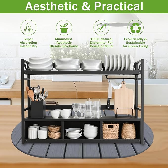 Diatomaceous Earth Dish Drying Mat - Large Quick Drying Stone Mat for Kitchen Counter & Sink, 23.2"x15.4" Absorbent Non-Slip Drying Pad for Dishes, Fast Drain Gray Diatomite Tray with Rounded Corners