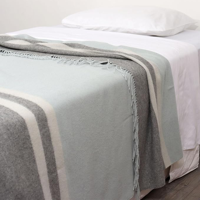 Superfine Alpaca Wool Throw Blanket - Lightweight Alpaca Merino Wool Throw Blankets | Soft Peruvian Alpaca Blanket Wool Blanket Striped Design 63" x 52" (Sky Blue/Soft Gray/Ivory)