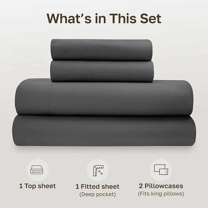 California Design Den King Bed Sheets Set - Soft 100% Organic Cotton Sheets with Deep Pockets, Crisp Percale, Breathable and Durable Bedding Set - Grey