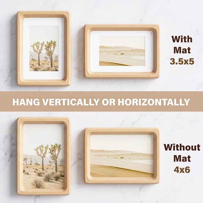 4x6 Picture Frame Set of 2, USA-Sourced Beech Wood Photo Frames with HD Tempered Glass, Handcrafted Rounded Corner 4 x 6 Wooden Frame Matted to 3.5x5 Photos, 4x6 Frames, Tabletop or Wall Display