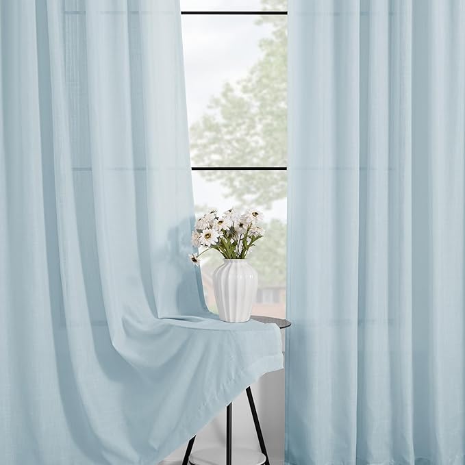Sky Blue Curtains for Living Room Back Tab Modern Farmhouse Semi Sheer Blue Curtains 45 inches Long 2 Panels Set Muted Neutral Window Curtain for Dining Room Bedroom 52x45