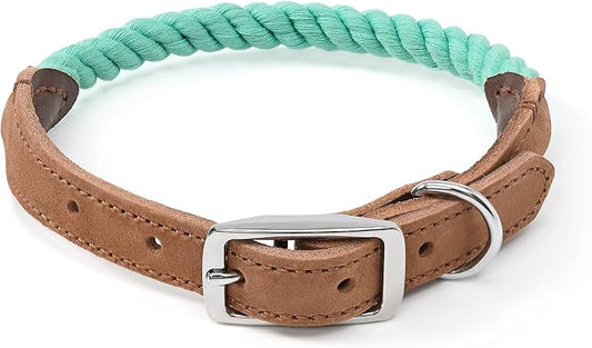Mile High Life Genuine Leather Dog Collar, Durable Braided Cotton Rope Collar with Metal Pin Buckle for Small Medium Large Dogs (Green, M Neck 15"-18")