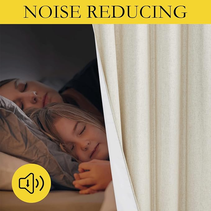 NICETOWN Natural Full Blackout Back Tab Linen Curtains 84" Long 2 Panels, Boho-Chic Thick Linen Blend Drapes for Bedroom, Thermal Insulated Window Covers with White Backing for Cafe Bar (42" Wide)