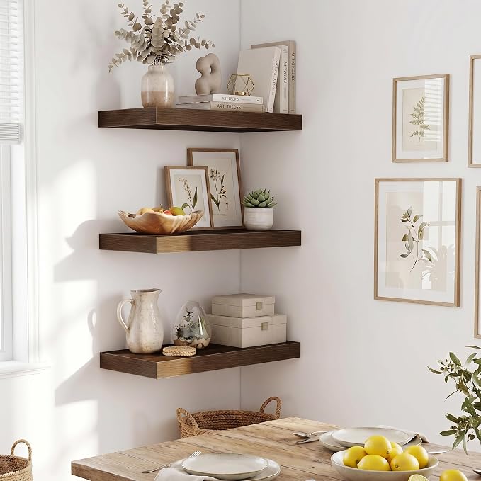 Fun Memories Wood Floating Shelves 20 Inch, 10 Inch Deep Shelves Wall Mount, Wall Shelves with Invisible Bracket, 20" Floating Shelves for Living Room Bathroom Bedroom, Walnut, Set of 3