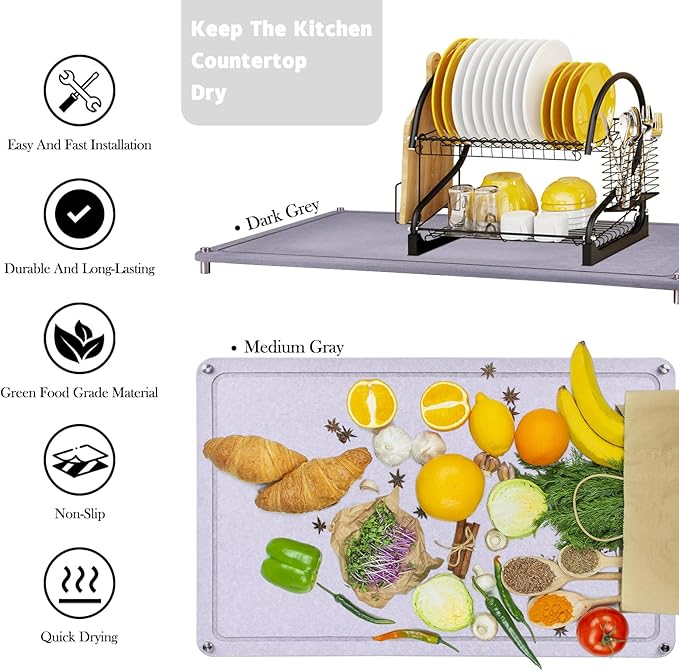 Large Diatomaceous Earth Stone Dish Drying Mat for Kitchen Counter, 24"×16", Medium Gray – Quick Drying, Super Absorbent, with Non-Slip Stainless Steel Feet, Fits Bowl Racks and Various Countertops