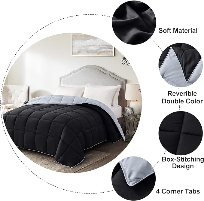 Homelike Moment Comforters Queen Size - Black Duvet Insert Down Alternative Bed Queen Comforter, Lightweight Bedding Comforters Full Size Quilted Soft All Season Reversible Black/Light Grey