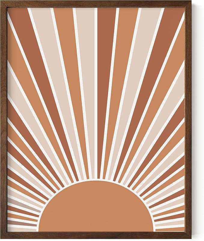 Boho Rising Sun Wall Art Sunburst Rays Earth Tones Terracotta Mid Century Modern 11x14 Inch Oak Wood Walnut Framed Minimalist Landscape Sunshine Print for Nursery Decor