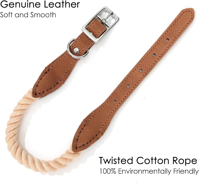 Mile High Life Genuine Leather Dog Collar, Durable Braided Cotton Rope Collar with Metal Pin Buckle for Small Medium Large Dogs (Light Brown, S Neck 11"-15")