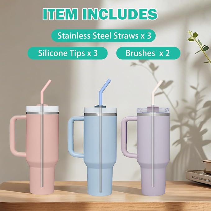 HEYSKAY 3pc Replacement Straws Reusable for Stanley Tumbler 40oz 30oz Metal Replacement Straws with Silicone Tips and Cleaning Brushes