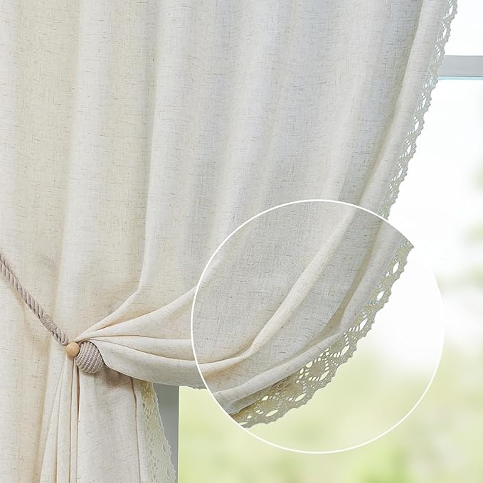 jinchan Linen Curtains for Living Room Bedroom Light Filtering Semi Sheer Curtains Boho Farmhouse French Country Cottage Core Decor Window Drapes Back Tab 96 Inch Length Laced Beige