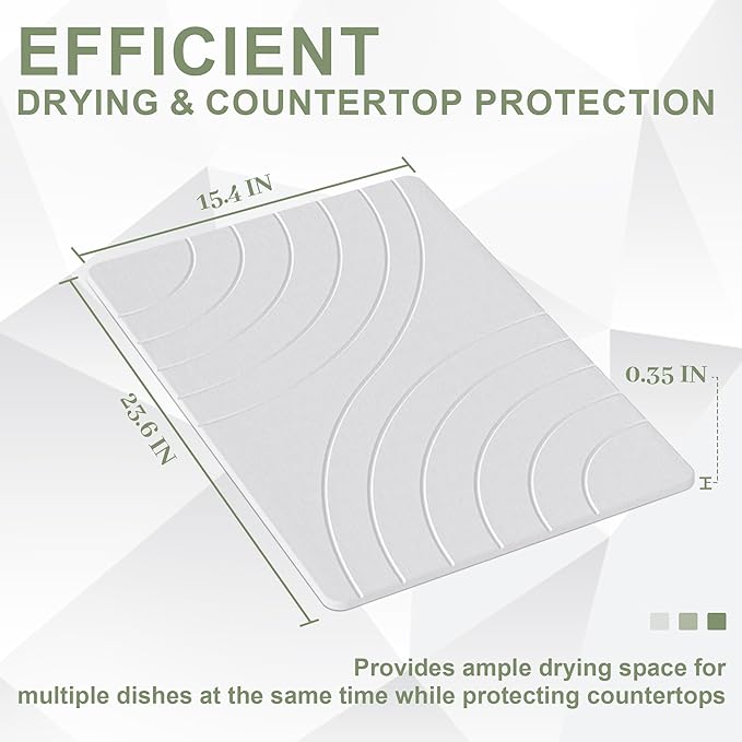 Large Stone Drying Mat for Kitchen Counter, 24" × 16" Diatomite Dish Drying Mat, Quick Dry Stone Mats, Ultra Absorbent Natural Diatomaceous Earth Mats for Dished, Bottles, White