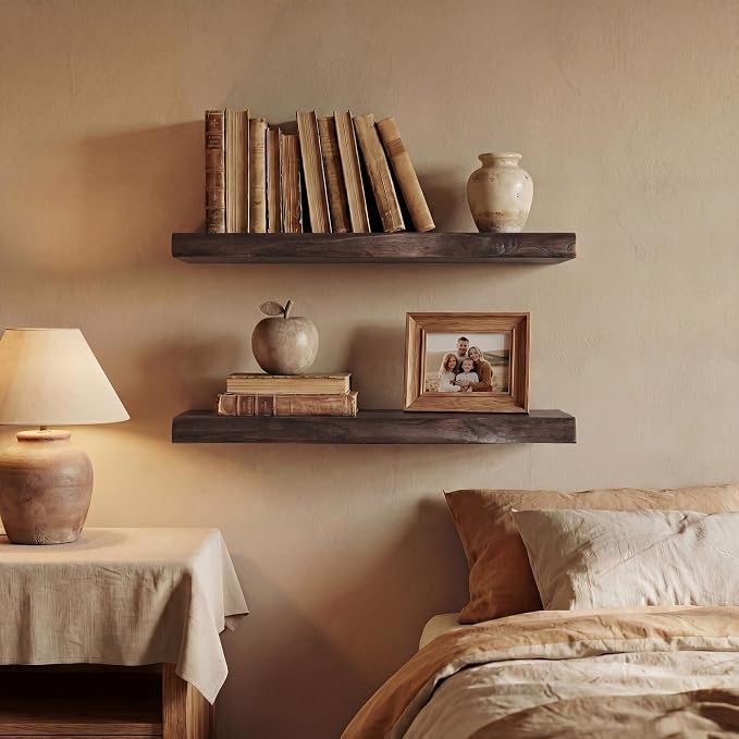 24" Live Edge Floating Shelves, Solid Elm Wood Wall Shelf Set of 2 | 1.4" Extra Thick, 9.3" Deep Heavy Duty Storage, FSC Certified Rustic Brown Finish for Kitchen & Coffee Bar