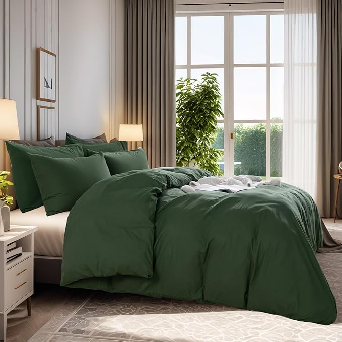 NEXHOME PRO Duvet Cover Set 100% Washed Cotton, Natural Linen Feel 3 Pieces Bedding Set with Zipper Closure & Corner Ties, Breathable Oversized King Forest Green (No Comforter)