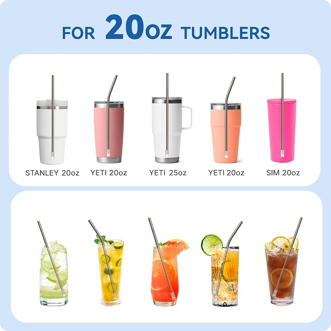 Heavy - Duty Titanium Straws 8.5" Reusable for 20 oz Tumlbers | Metal Drinking Straws for All Kinds of Hot & Cold Drinks, Eco Conscious, BPA Free with Cleaning Brush(No Silicone Tips)